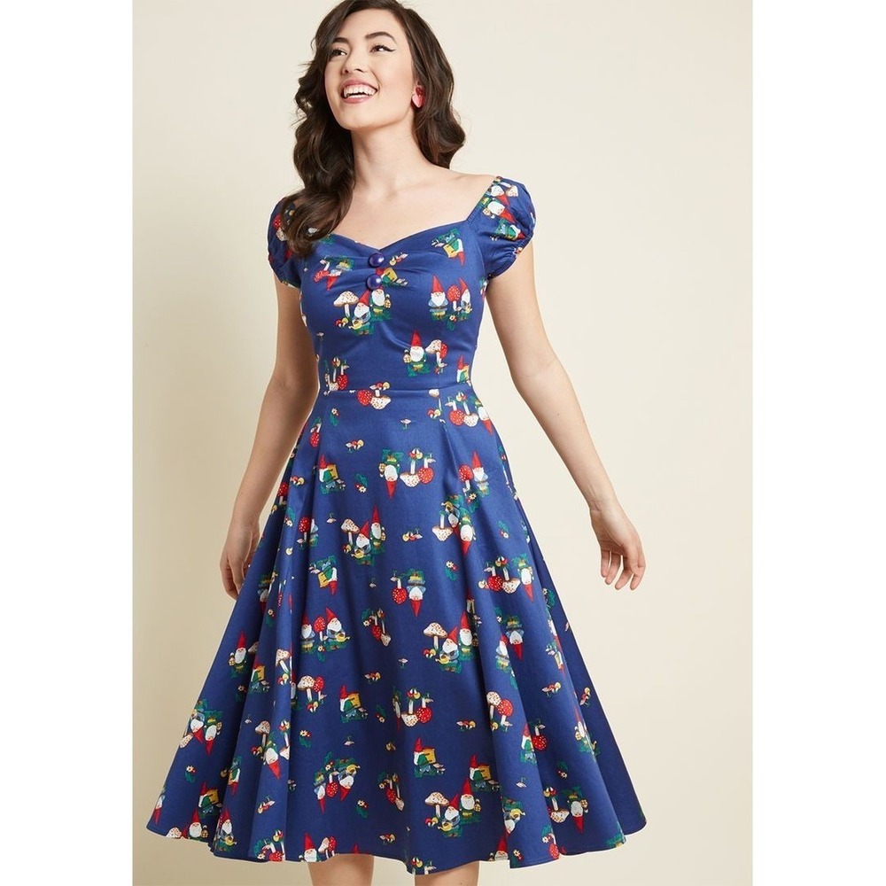 Collectif Dolores Dress XL Blue Gnomes Mushrooms 1950s PinUp Fairy Whimsical